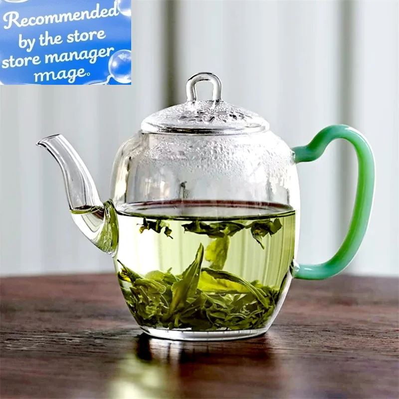 

Изысканный маленький вместительный стеклянный зеленый чайник с имитацией песен, 240 мл, ручной термостойкий чайник с нефритовой ручкой, чайный сервиз кунг-фу