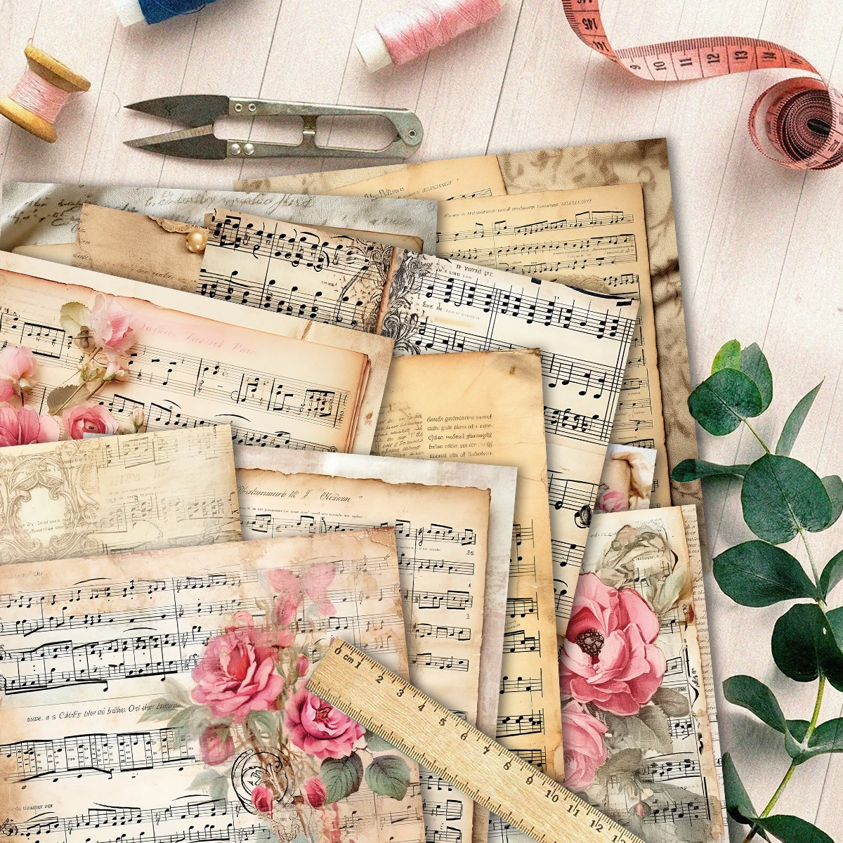 12pcs Vintage Floral Music Sheets Scrapbook Paper for Valentine\'s Day Wedding,Single-Sided Craft Paper for Journals,Scrapbooking