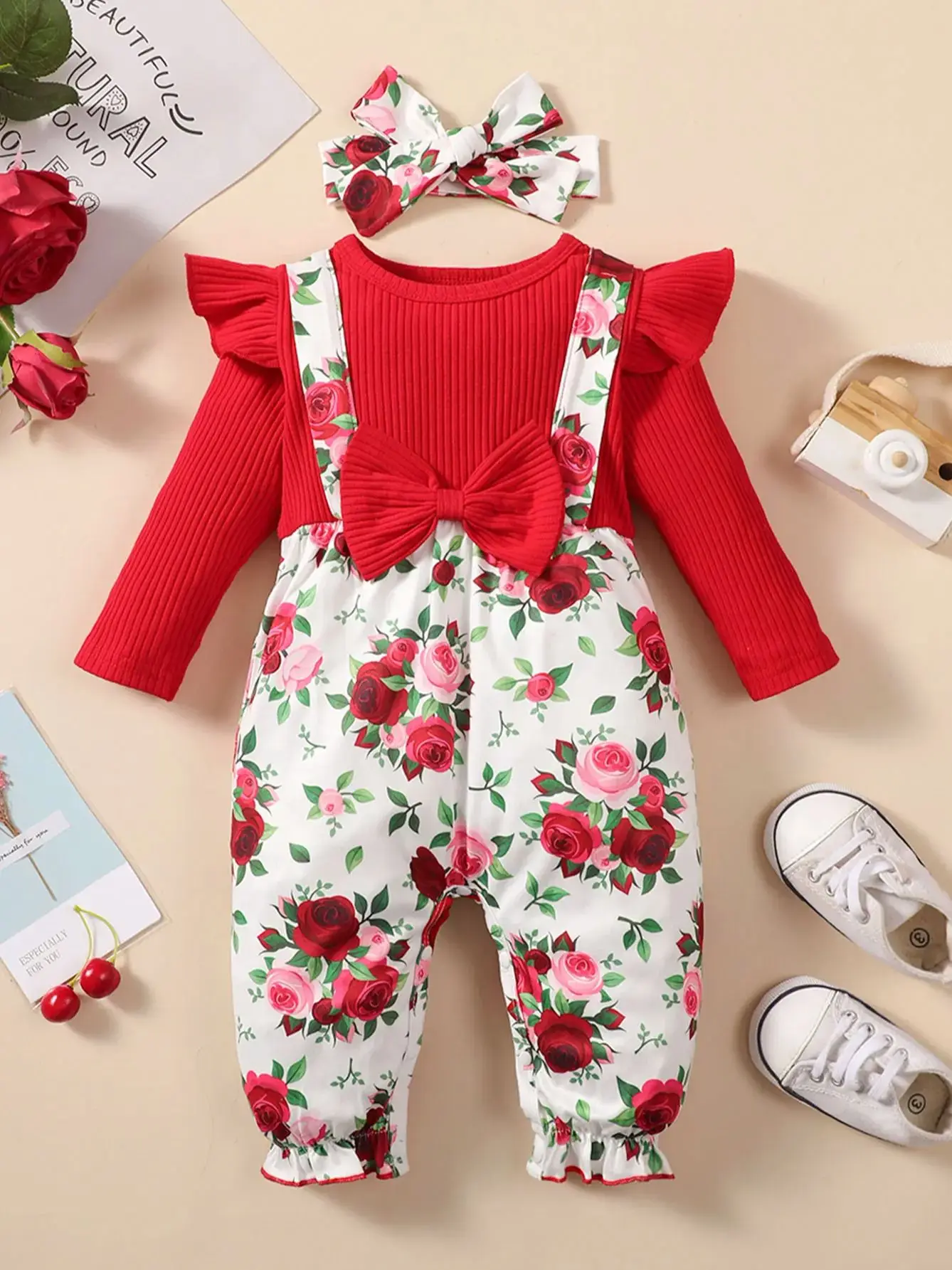 0-2 Year Old Newborn Baby Girl Spring and Autumn Round Neck Wooden Ear Edge Long sleeved Flower Printed Pants jumpsuit