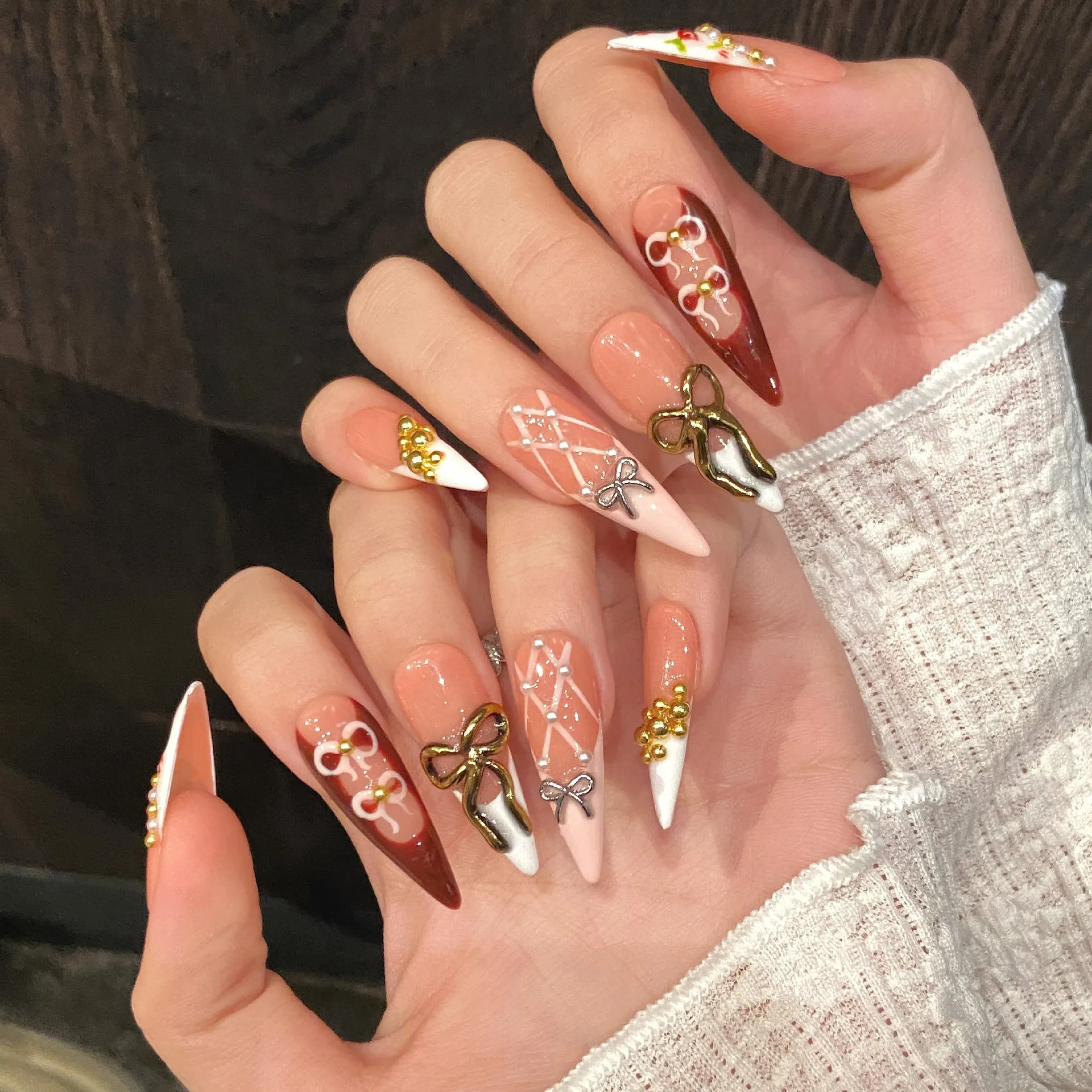 

10Pcs Retro Bow False Nails with Almond Design Flower French Handmade Press on Fake Nails Long Stiletto Rhinestone Manicure Tips