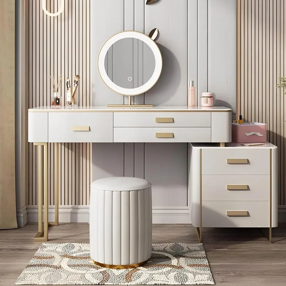 

Makeup Vanity Desk, White Vanity with Lighted Mirror, Makeup Table with 6 Drawers and Stool, Modern Dressing Table, Vanity Set