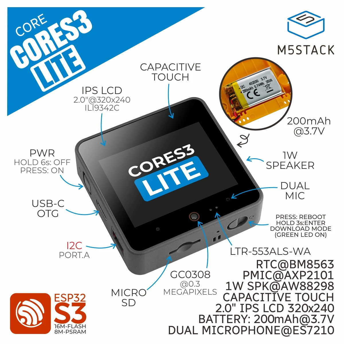 

M5Stack Official Cores3 Lite ESP32S3 loT Dev Kit