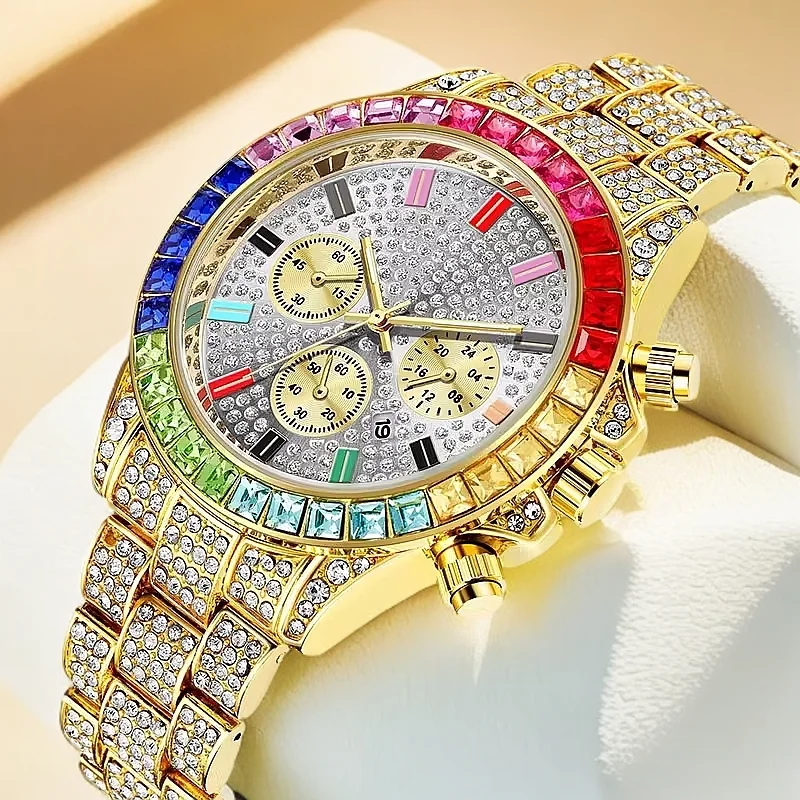 New Luxury PINTIME Brand Men Quartz Wristwatch Colored Crystal Diamond Iced Out 30m Waterproof Luminous Chronograph Popular Item