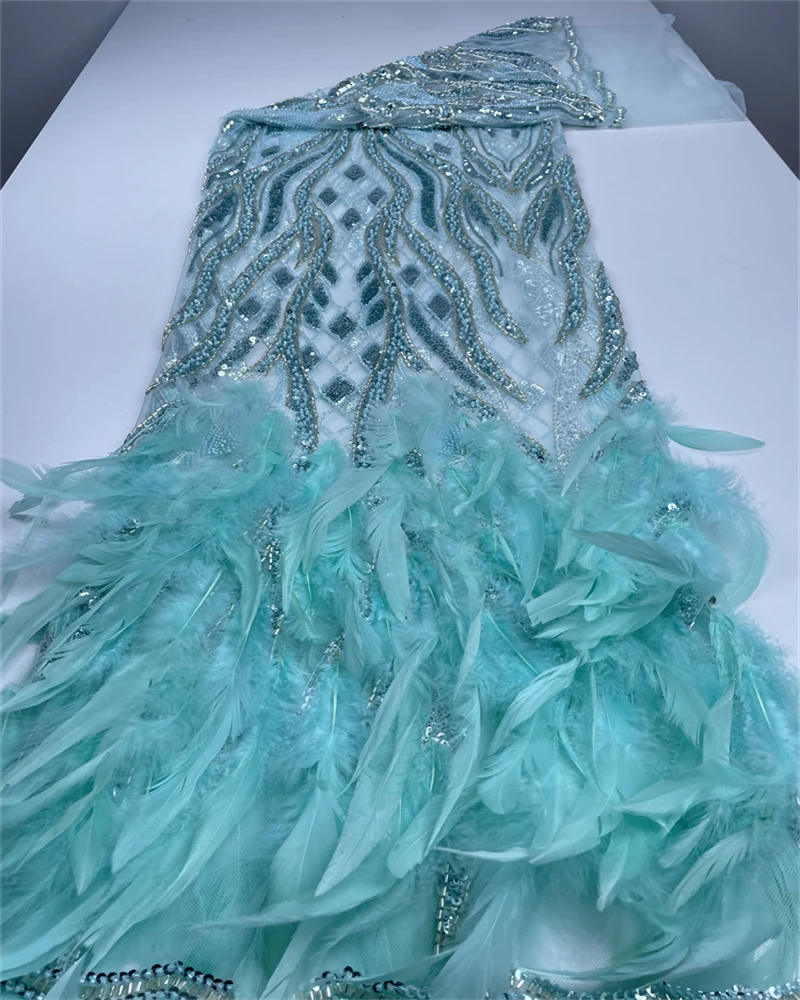 Tecido de renda de penas 3D africano com contas francesas bordadas de alta qualidade e lantejoulas para casamento nigeriano e vestidos de festa