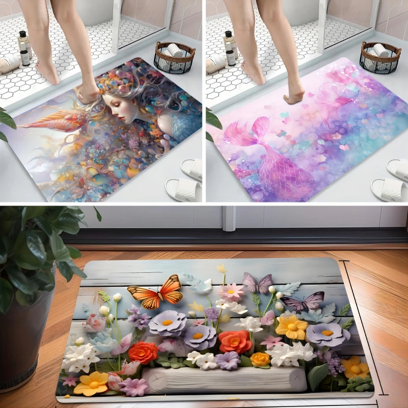 Mermaid Floral Pattern Bath Mat Super Absorbent Bathroom Carpet Non Slip Shower Kitchen Rug Home Bedroom Decor Hallway Doormat