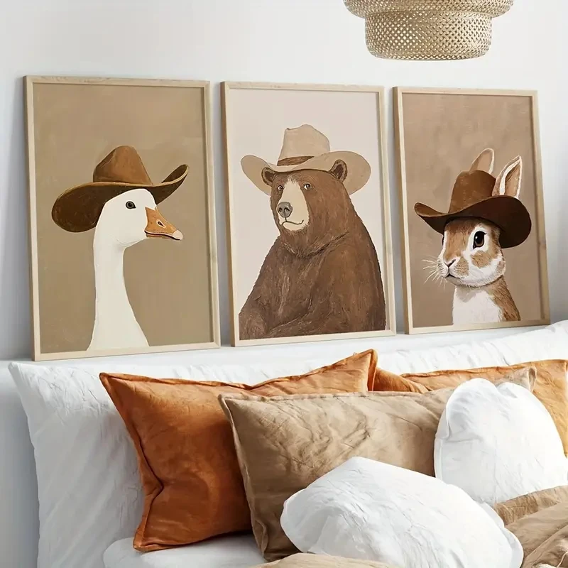 

3pcs/Set Bobo Cowboy Goose, Brown Cowboy Hat Bear Rabbit Nursery Art, Neutral Boy Room Animal Art, Wall Canvas Home Decoration