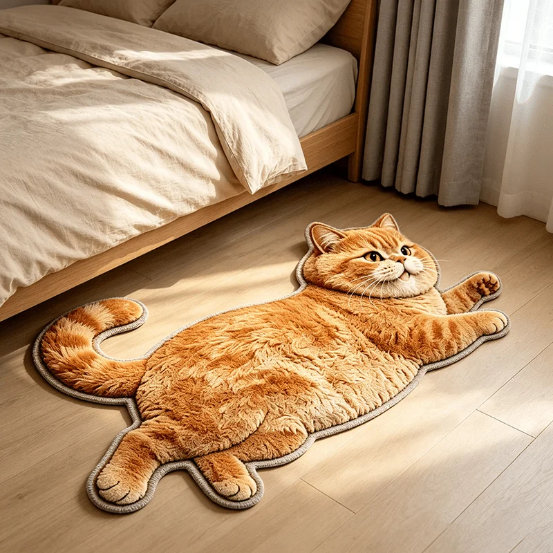 VIKAMA Stretching Orange Cat Shaped Irregular Rug Cute Pet Print Soft Non Slip Bedroom Bedside Absorbent Floor Mat