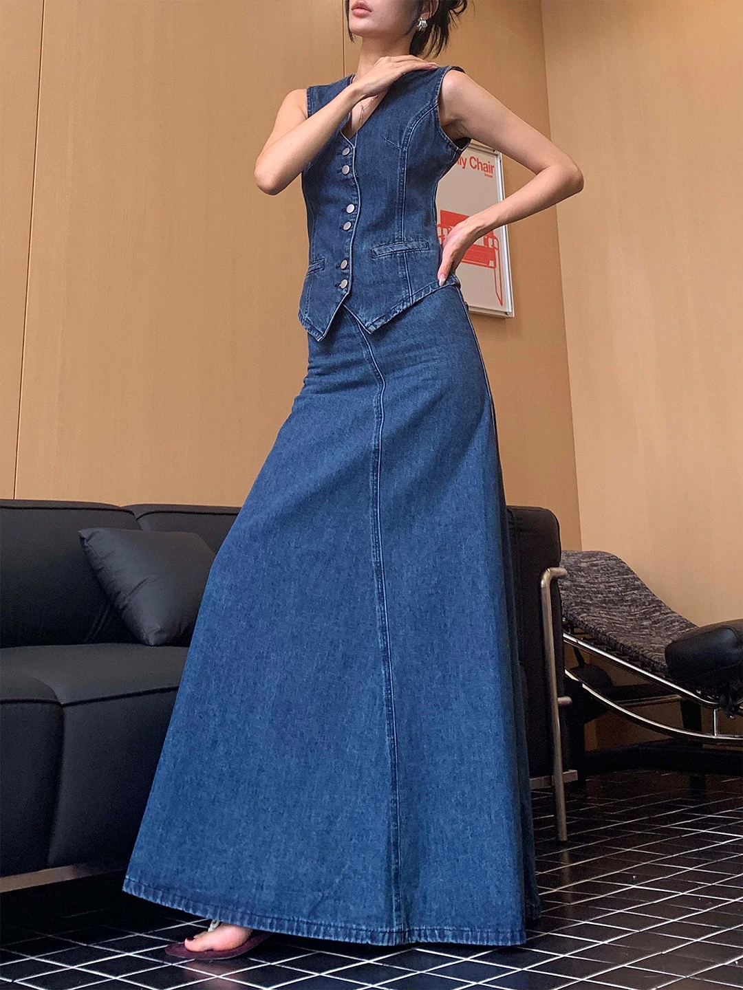 

ZOCHEEO Vintage Washed Fleece Denim A-Line Skirt Women Summer High Waist Slimming Skirts City Commute Cotton Blend