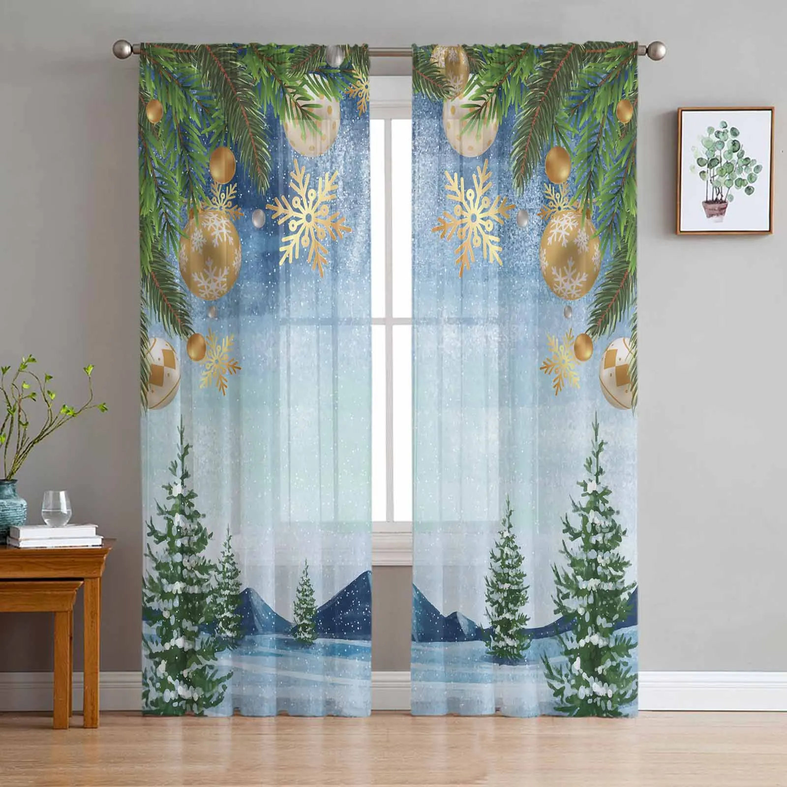 

Christmas Lights Snowflakes Plants Forest Tulle Curtains for Living Room Bedroom Sheer Voile Drapes Modern Printed Curtains