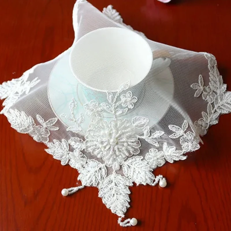 European Handmade Beaded Lace Square Table Mat Coaster Jewelry Antique Cover Phone Desk Lamp Bedroom Study Kitchen Decoration
