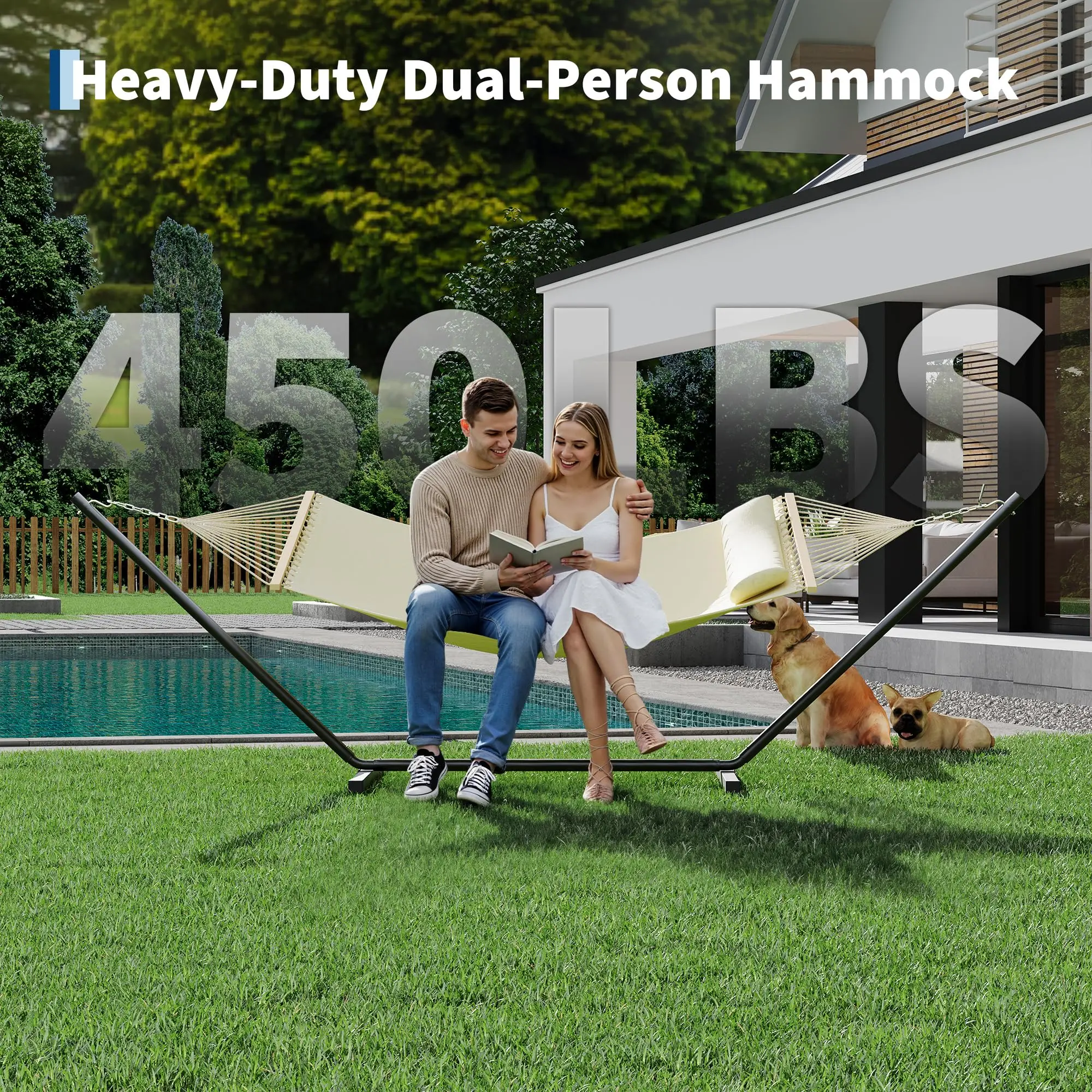 12FT Double Hammock with Stand for Outdoor Heavy Duty Portable 2 Person Hammock with Adjustable Steel Stand for Patio, Garden, Beach, Backyard