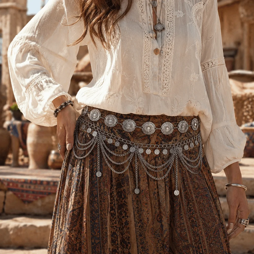 Ethnic Style Hollow Out Multi Layer Waist Chain Tassel Elegant Fringe Belt Shiny Delicate Dance Accessories Women