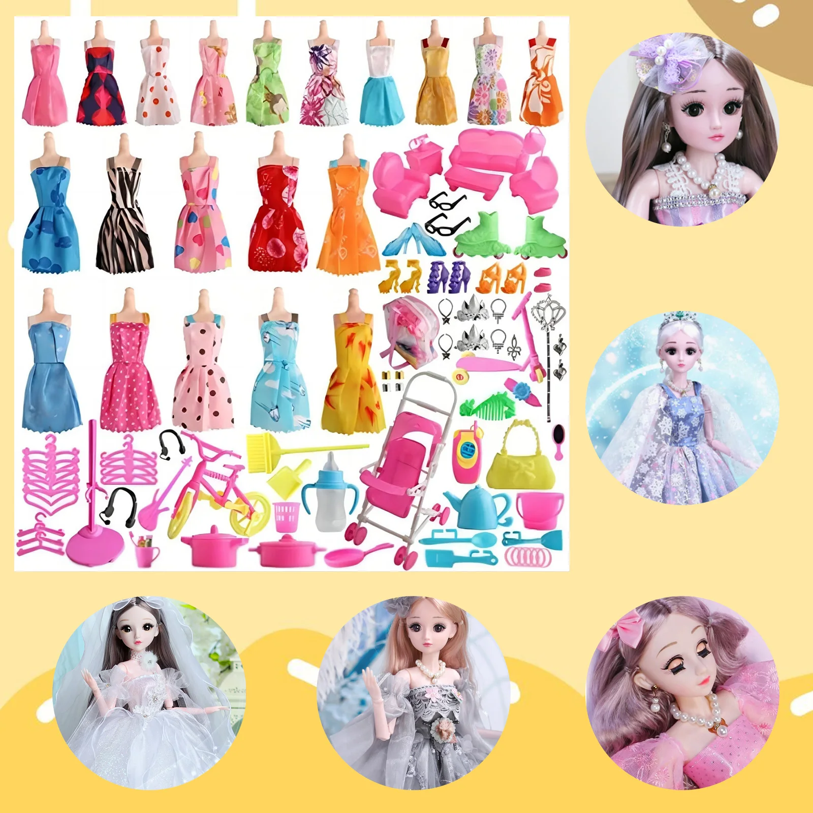 

125pcs Dolls Gowns Shoes Set Kids Toy Gifts Dolls Dresses Jewelry Kit Style Color Random Dolls Clothes Accessories DIY Fun