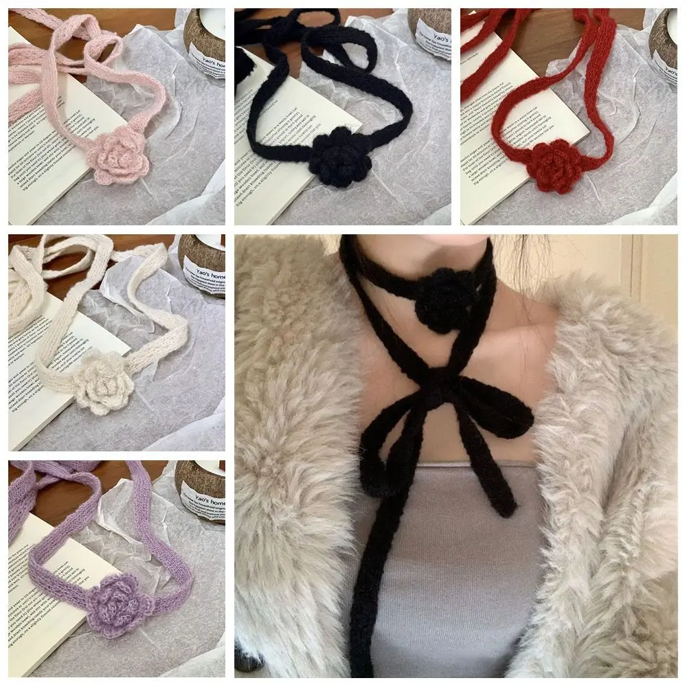 Cute Solid Color Rose Wool Shawl Handmade Crocheted Korean Style Knitted Scarf Ribbon Keep Warm Long Narrow Scarves Streetwear