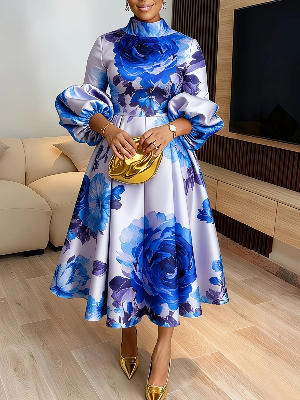 Damen Satin-Kleid mit Blumenmuster, Midi-Länge, hohem Kragen, Puffärmeln, hoher Taille, figurbetont, elegantes langes Abendkleid für Hochzeitsgäste – Detail 2