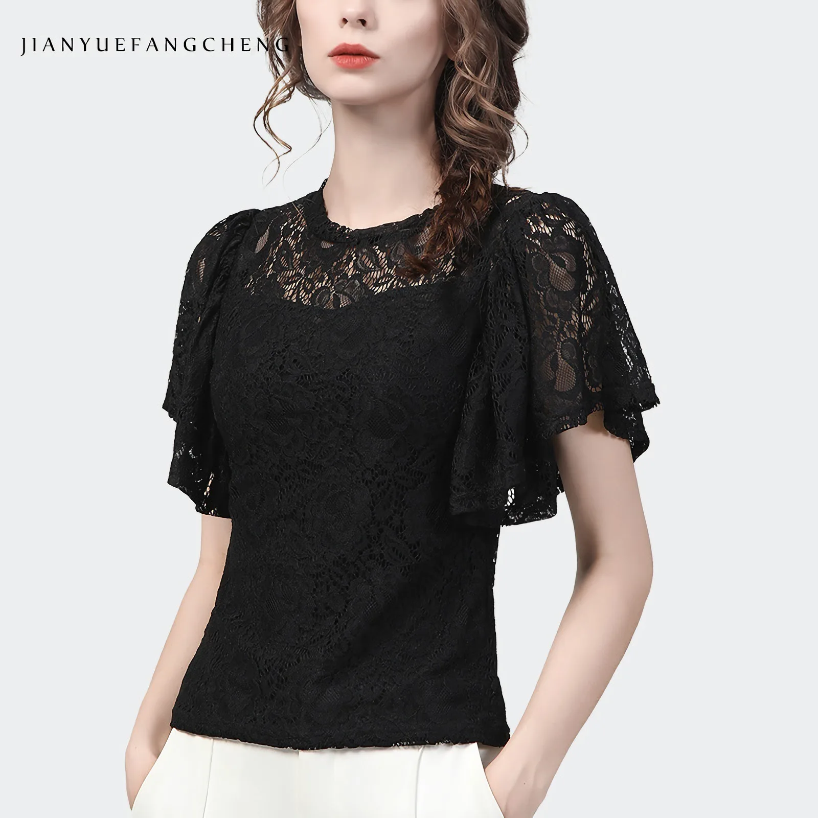 2023 Summer Short Sleeve Black Lace Top Women Crew-Neck Flying Sleeve Design Elegant Slim Hollow Out Vintage Casual Blouses