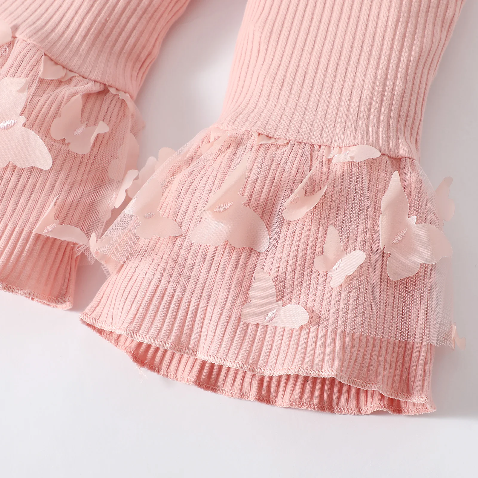 0-2 Year Old Newborn Baby Girls Spring Autumn Pink Long-sleeved Rompers  Bell-bottoms Trousers  Butterfly Netting  Fashion Suit