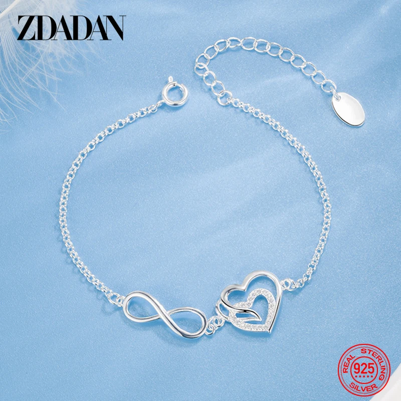 ZDADAN 925 Sterling Silver Simple Zircon Heart Shaped 8 Bracelet For Women Fashion Jewelry