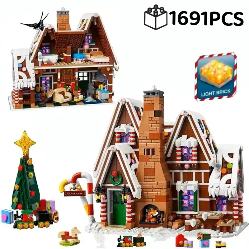 Santa Claus Christmas Gingerbread House Scenery With Light Building Blocks Bricks MOC 10267 Winter Village Kid Assembly Toy Gift