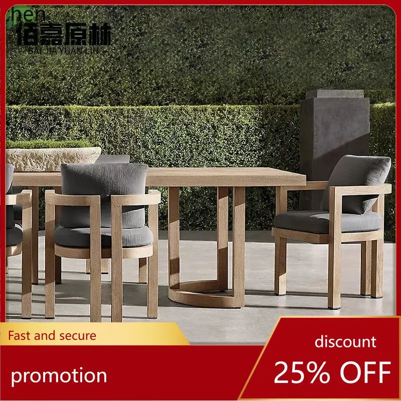 

YFY Outdoor Table and Chairs Courtyard Solid Wood Leisure Teak Long Table Waterproof Sunproof Country Round Table Furniture