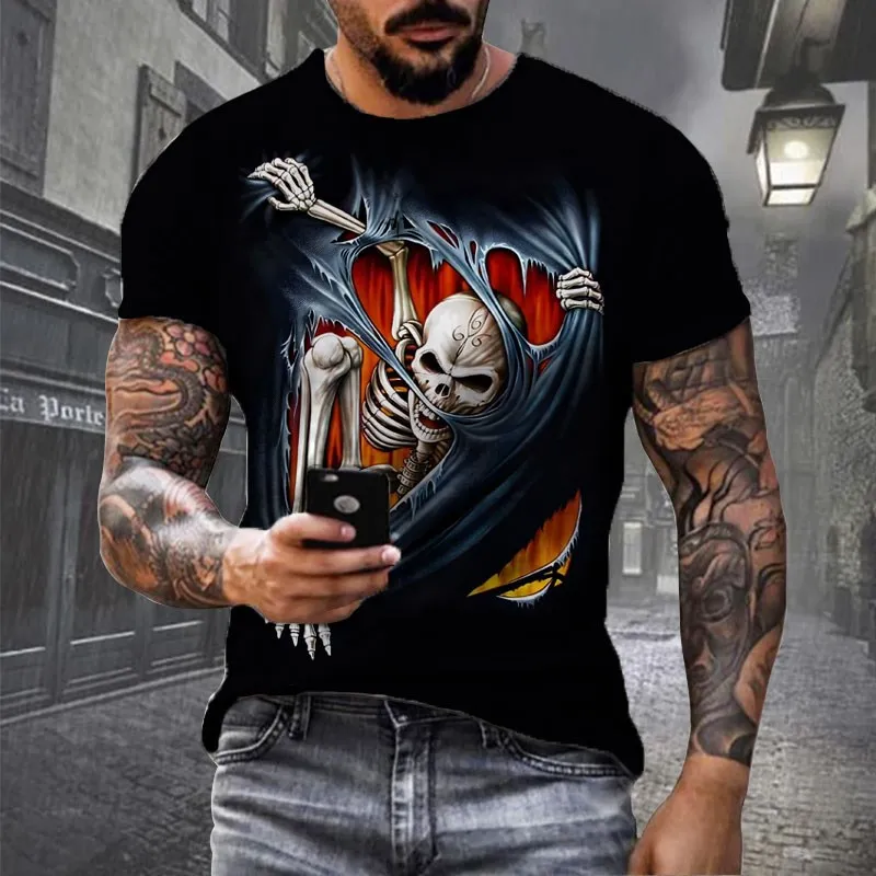 summer New T Shirts for Men round neck T Shirt 3d Skull  Graphic Print T-shirts Short Sleeve fashion casual loose Men\'s Clothing