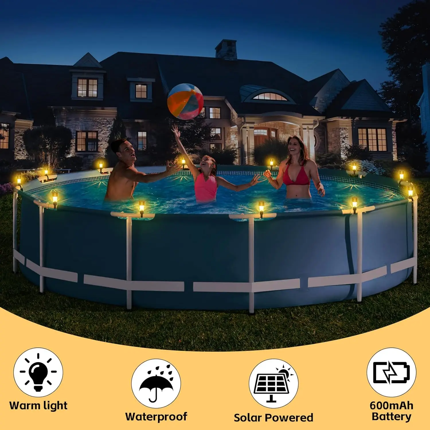 6 Pack Solar Pool Lights - Waterproof LED Lights for  Pool Decoration,Outdoor Swimming Pool Accessories with Warm White Lights