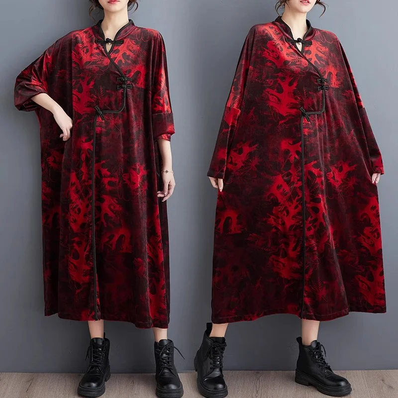 2024 Spring Autumn Retro Literature Art Chinese Style Velvet Dress Printed Button Stand Neck Fashion Large Size Clothes Z4103