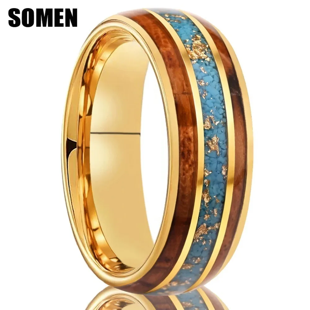 Somen 8mm Tungsten Carbide Ring For Men Koa Wood Crushed Turquoise Foil Inlay Wedding Band Engagement Anniversary Gift Anel