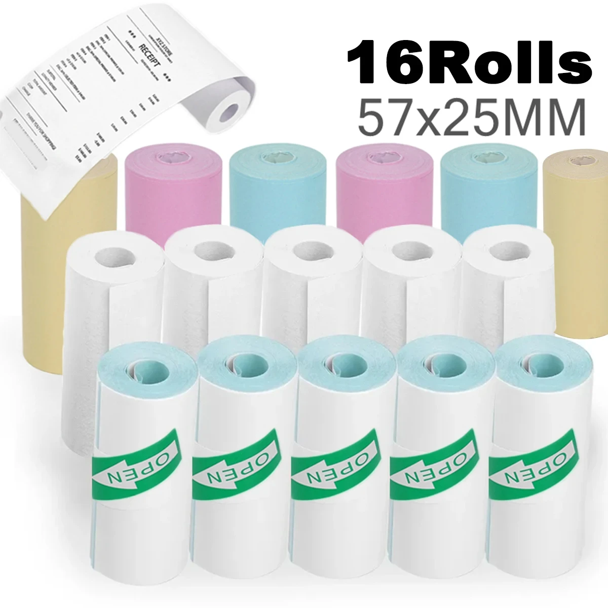 Papeles térmicos autoadhesivos, impresoras de etiquetas de Color HD para Mini impresora portátil sin tinta, 16 rollos, 57x25mm