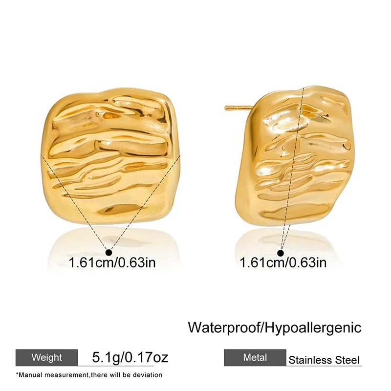 Stainless Steel Trendy Square Wrinkled Square Waterproof Stud Earrings for Women Fashion Jewelry Personality Accessories