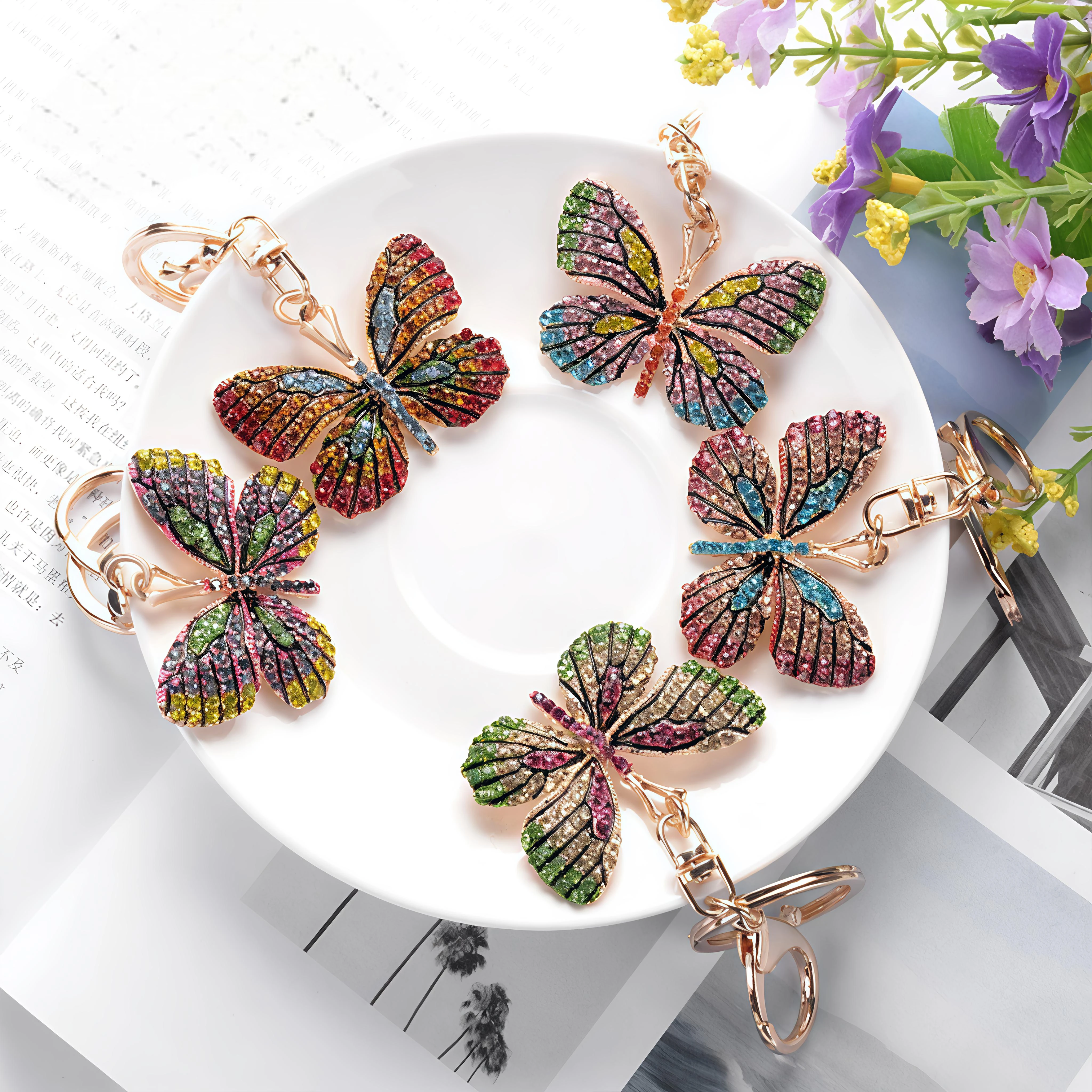 Fashion Rhinestone Crystal Butterfly Keychain Creative Multicolour Animal Pendant Key Chain Women Girl Car Bag Accessories