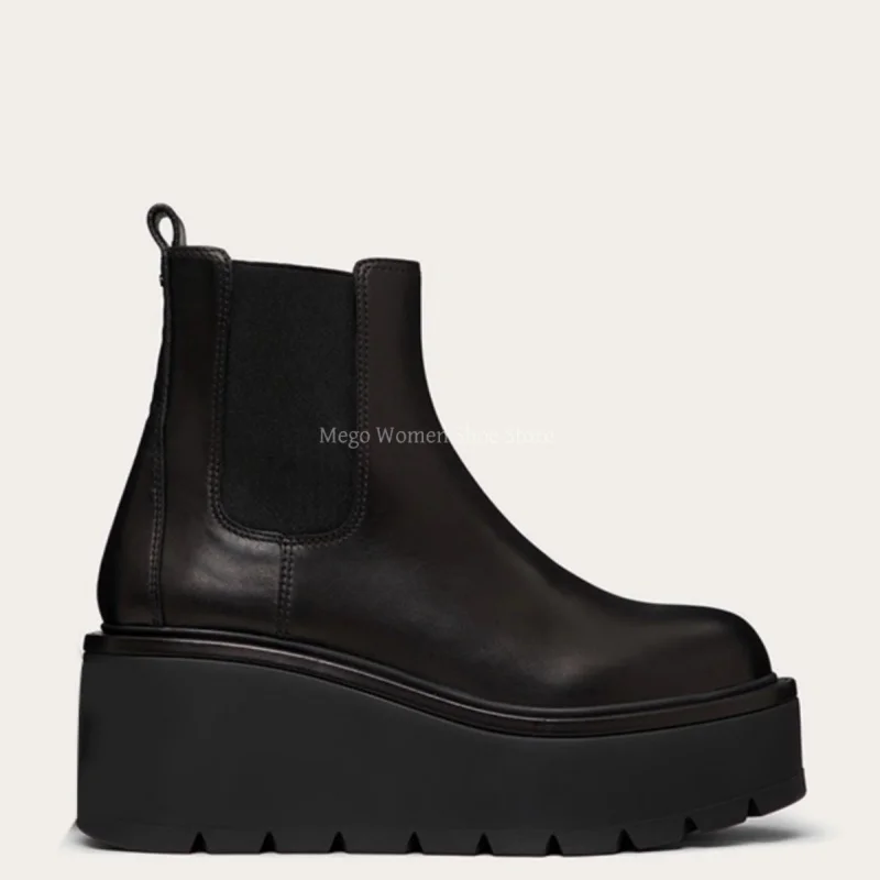 

Height Increasing Thick Soled Short Boots Women's Leather Chelsea Boots Black Elastic Sleeve Sponge Shoes Short Tube Ankle Boots