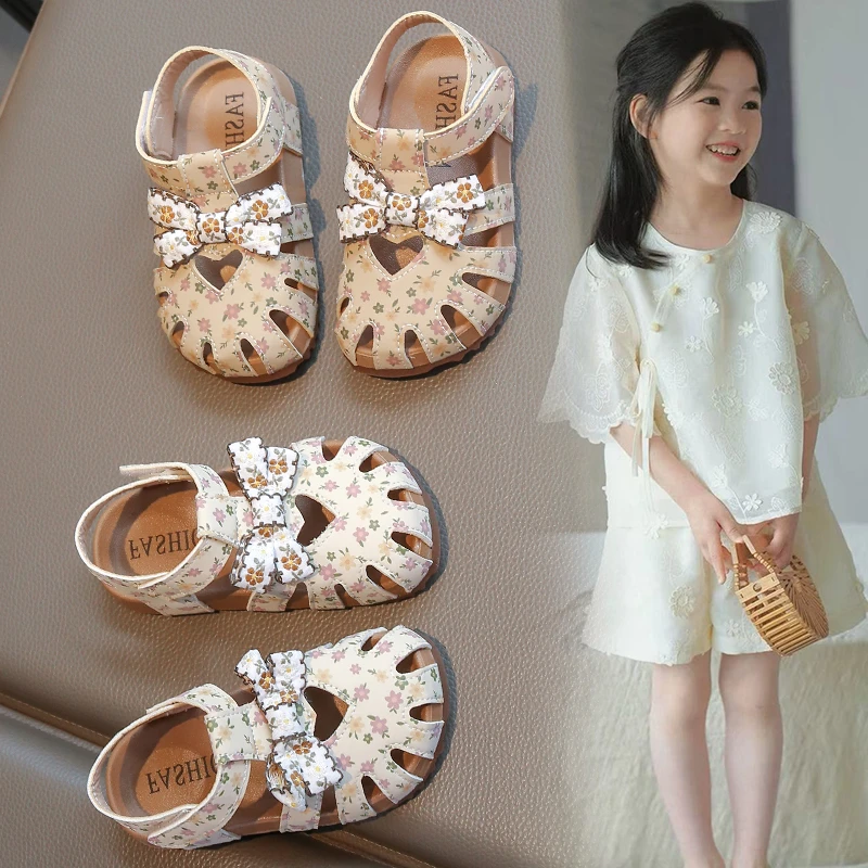 

Summer Girl's Sandals Floral Appliques Khaki Beige Cover Toe Kids Sliders Breathable Adorable Sweet Toddler Children Shoes 21-30
