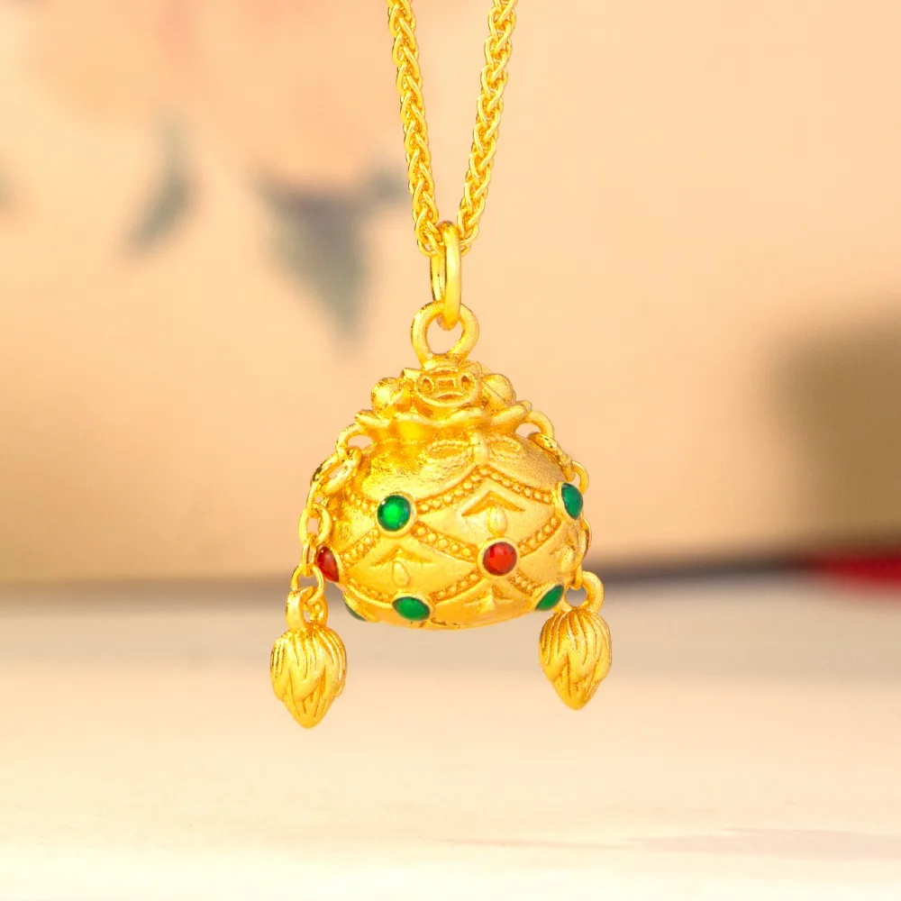 Colorful cornuckle necklace women retro style fashion fortune solid money bag pendant 9999gold