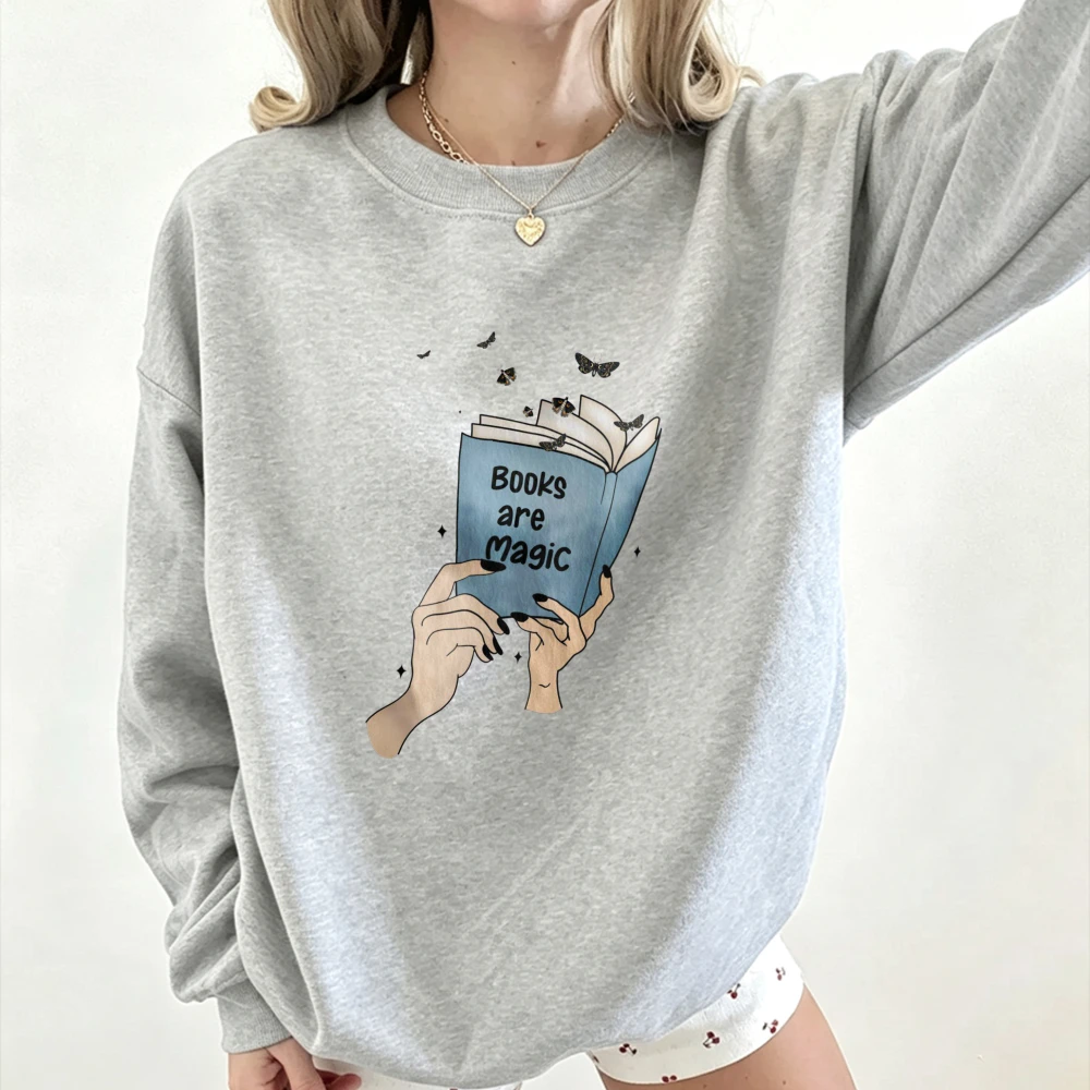 Aesthetic Reader Crew Sweatshirt Books Are Magic Open Book Floating Confetti Art Booktok Fantasy Reading Lover Soft Daily Tops