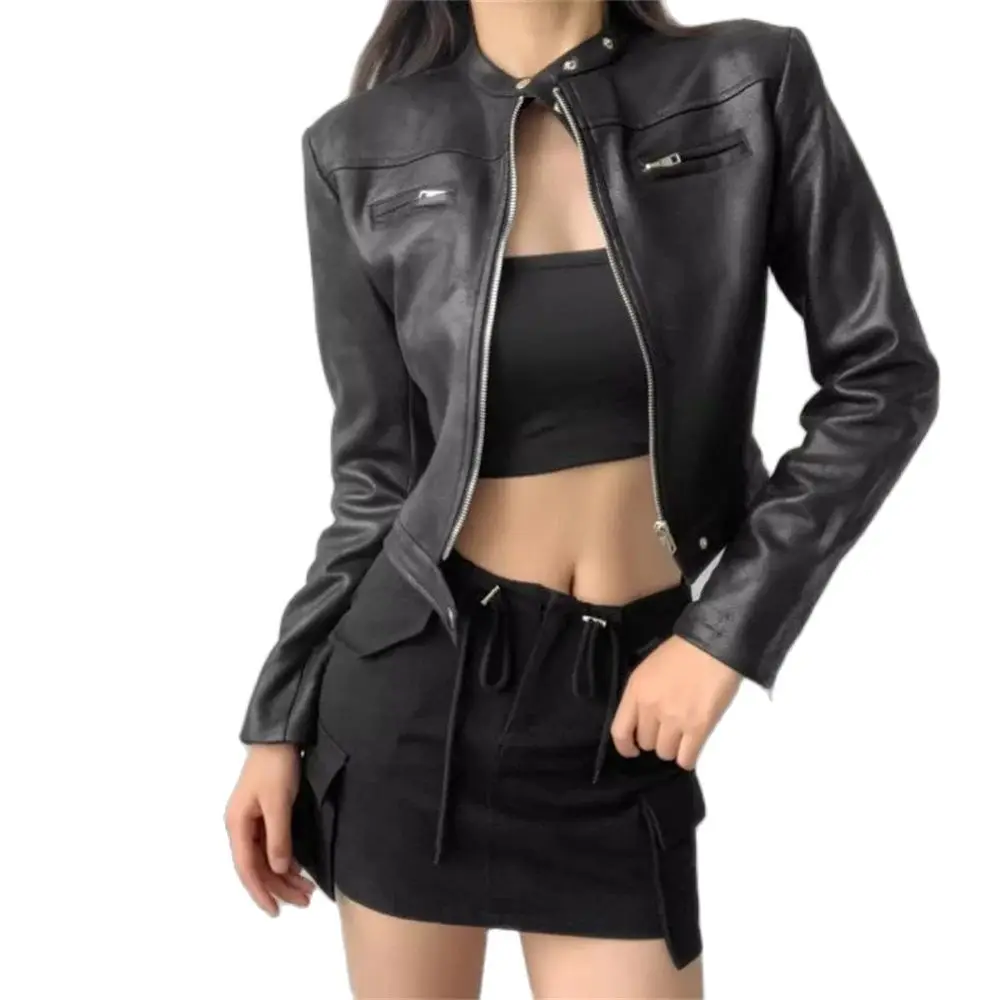 2024 Woman Leather Jackets Coat Moto Biker Zipper Clothing Winter Bomber Y2k Blazer Crop Luxury Elegant Korean Fashion Vintage