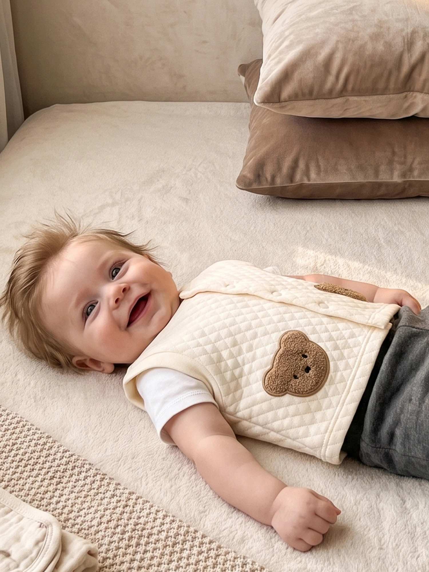 Down Sleeveless Baby-Quilted Quilted Vest Bear Embroidery Baby Vest-Snap Cartoon Bear Embroidery Baby Quilted Vest