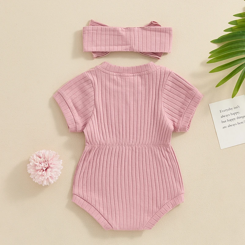 Baby Mädchen Sommerkleid ung Kurzarm festen Body mit Bowknot Stirnband Neugeborenen Mädchen Outfits