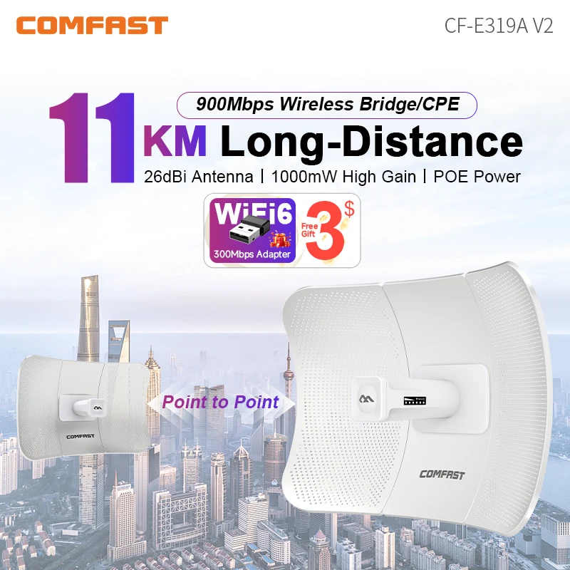 

Точка доступа Comfast Outdoor 900 Мбит/с Удлинитель дальнего действия CPE 5 ГГц Беспроводная мостовая передача 5-11 км AP WISP IP65 Водонепроницаемый