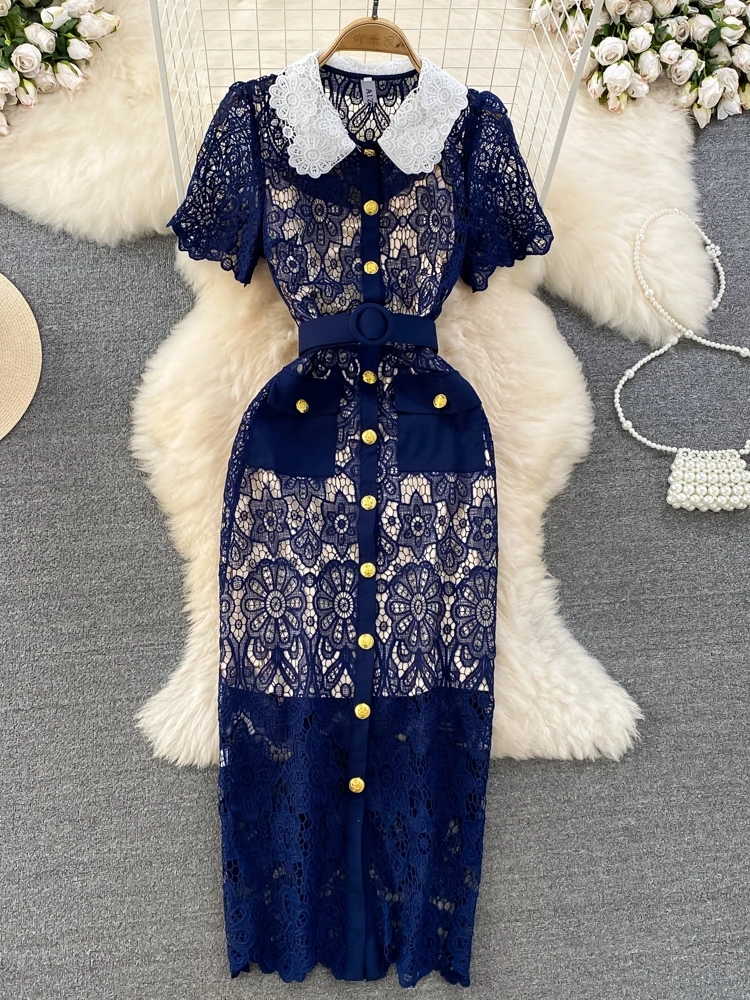Ele ort Sve Doll Collar Slimming Hollow out Lace Dr High Waist Korean Sle Commute Pure Color Summer Midi Dr