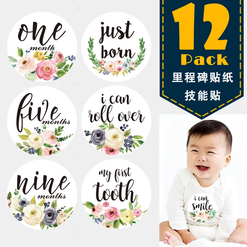 12Pcs Kids Birth Month Sticker Baby Milestone Memorial Sticker Cute Photography Props Commemorative Card Number Babies Souvenirs