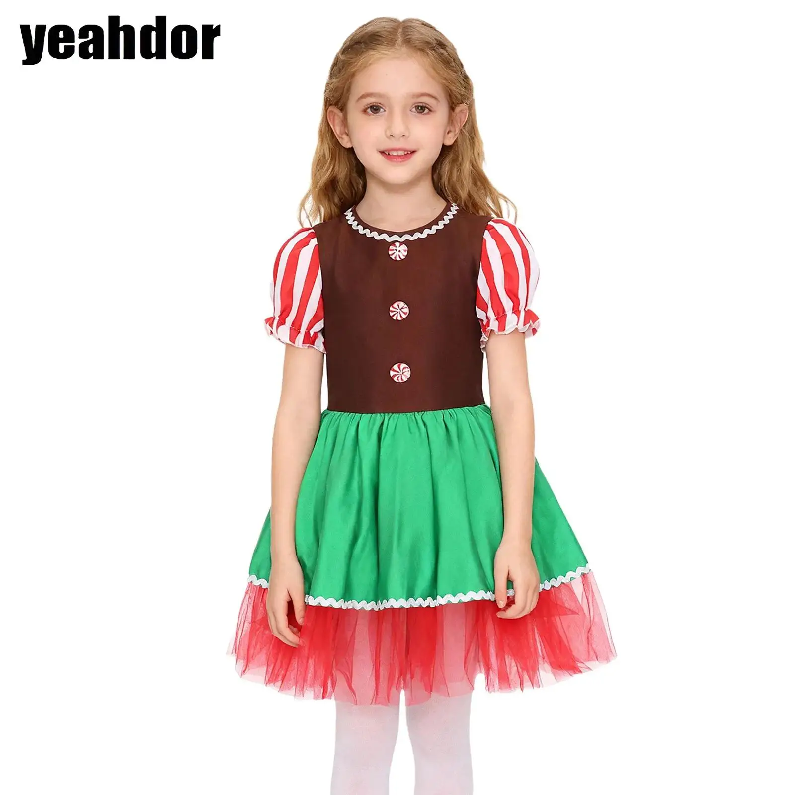 

Girls Christmas Gingerbread Man Costume Short Puff Sleeves Candy Cane Santa Cookie Man Cosplay Skating Ballet Leotard Tutu Dress