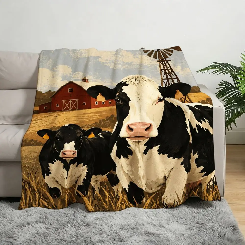 Pastoral Farm Scene Fleece Throw Blanket Soft Cozy Large Blanket with Holstein Cows Red Barn Windmill Golden Field for Room Sofa Travel Camping Living Room Gifts for Home Decor