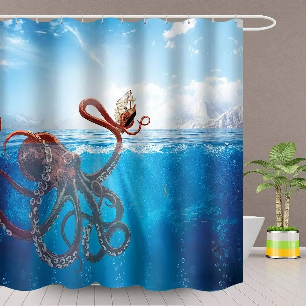 Octopus Monster By Ho Me Lili Shower Curtain Ocean Sailing Snow Mountain Bathroom Decoration Set Polyester Fabric With Hook