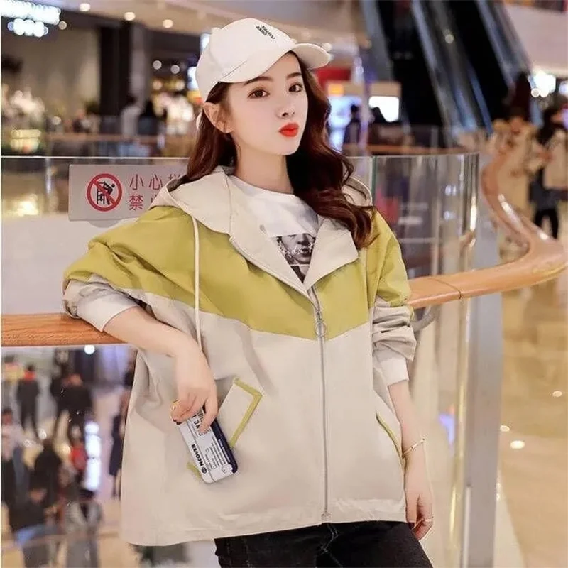 Student Women Long Sleeves Hooded Jacket Korean Ladies Sun Protection Shirt Coat 2025 Femme Patchwork Ultraviolet-proof Outwear