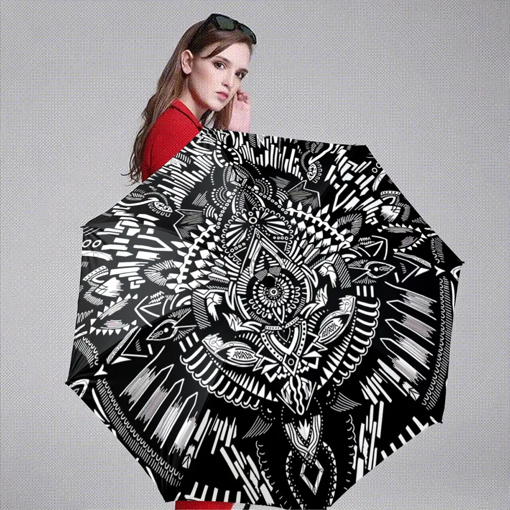 Black and White Tribal Pattern with Geometric Abstract Design Portable Folding Umbrella, Gift for Family And Friends