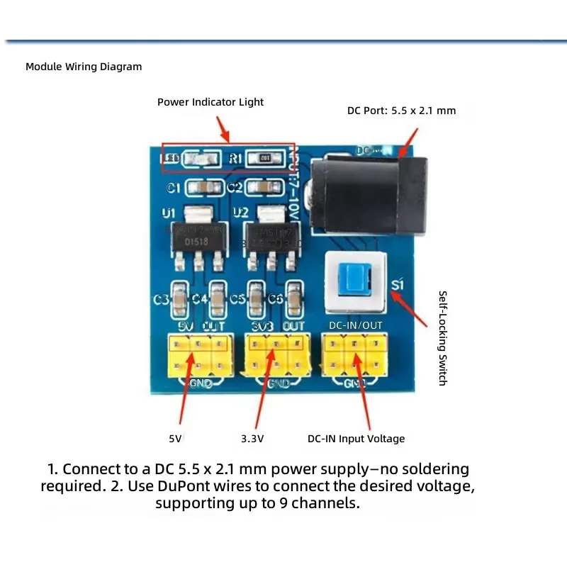 AM11117 module with DC5.5 female self-locking switch 3/5/12V multi output step-down power adapter module