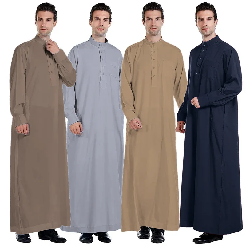 New Men's Muslim Robe Islamic Ramadan Juba Kaftan Dishdash Arabian Robe Solid Color Long Sleeve Collar Loose T-shirt Dress Tunic