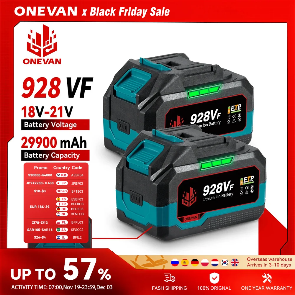 ONEVAN 리튬 배터리 29900mAh 22900mAh 충전식 928VF 588VF 용량 표시기 21V 18V 전기 렌치 전동 공구