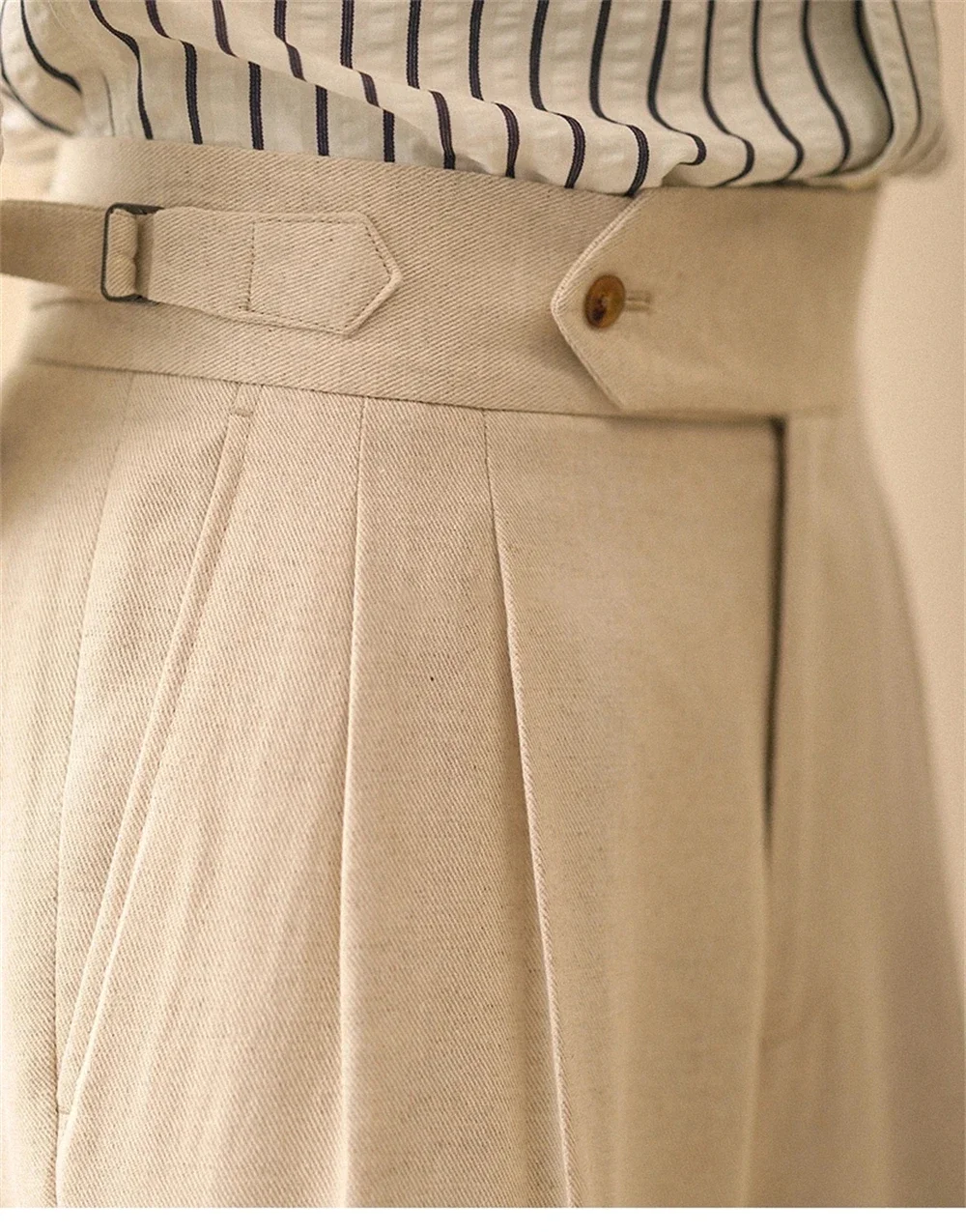 

Linen Straight Pant For Men Buckle Drape High Waisted Summer Business Gentleman Naples Pant Paris Trousers Men Formal Pant